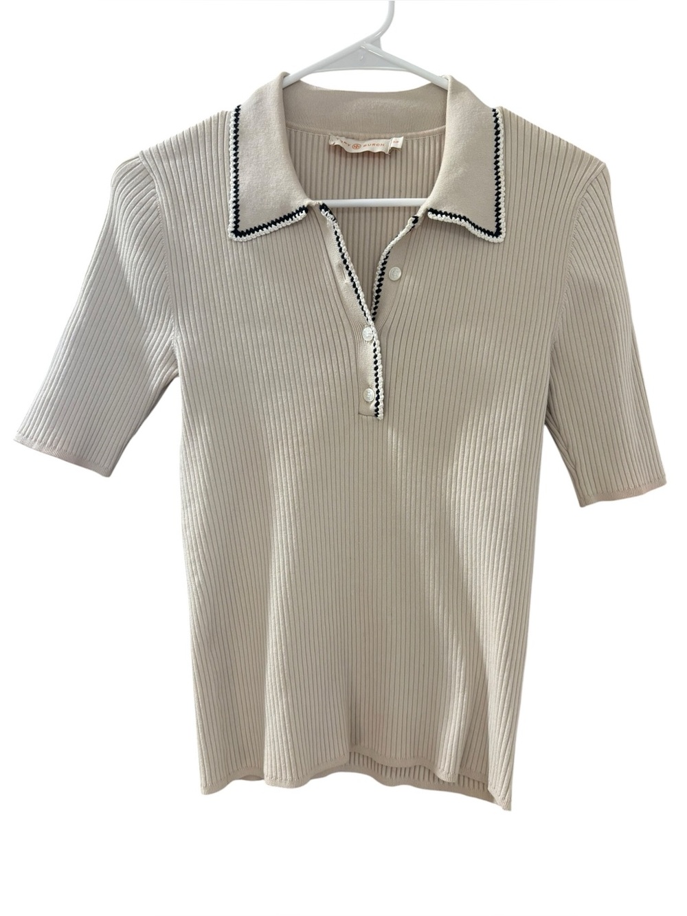 Tory Burch Women's Mila Ribbed Knit Cream & Black Contrasting Trim Collar Sz S/P